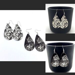 2 PAIR of Black and White Teardrop Leather Floral Design Earrings